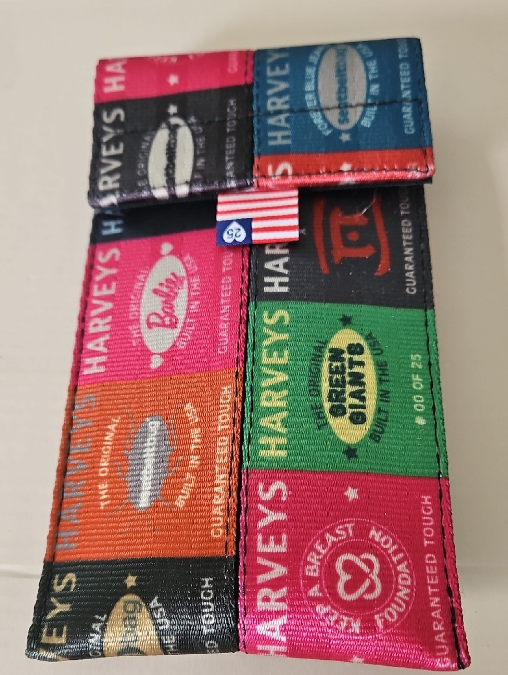 Harveys Patchwork Logo Wallet in Pink, Green, Blue, Orange, Black, Cream
